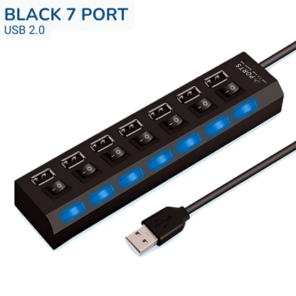 Universal 7 Ports USB 2.0 Port Hub Multiple Expander with Switches Black