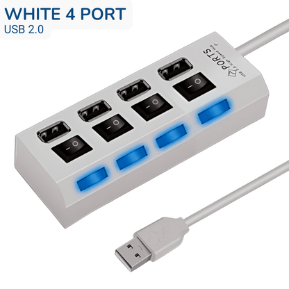 Universal 4 Ports USB 2.0 Port Hub Multiple Expander with Switches White