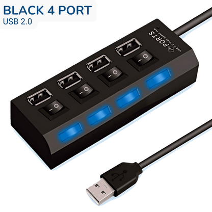 Universal 4 Ports USB 2.0 Port Hub Multiple Expander with Switches Black