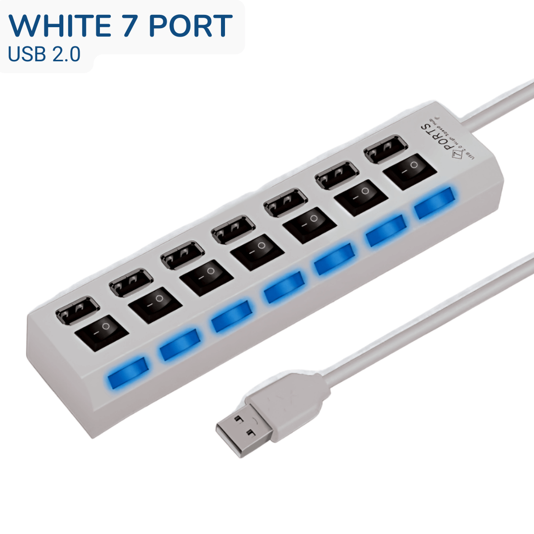 Universal 7 Ports USB 2.0 Port Hub Multiple Expander with Switches White